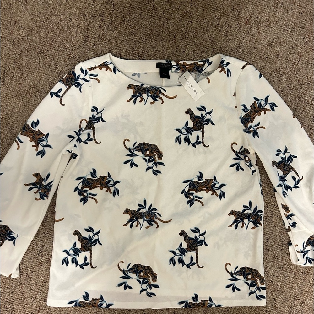 Ann Taylor White Blouse with Blue and Brown Print